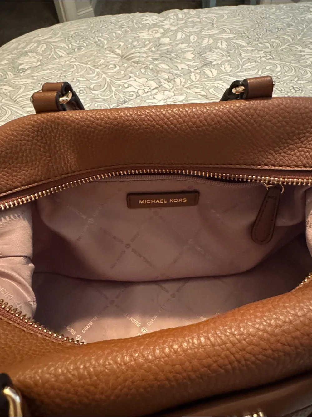 MICHAEL KORS Pebbled Leather Satchel in Cognac Brown with Gold Hardware